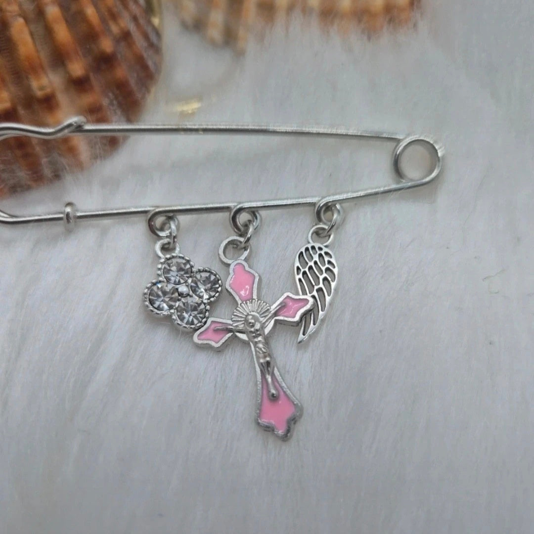 Broche fleur, crois et aile en métal argenté et rose 🌸✨ #Broche #Fleur #Croix #Aile #Métal