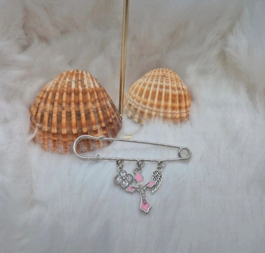 Broche fleur, crois et aile en métal argenté et rose 🌸✨ #Broche #Fleur #Croix #Aile #Métal